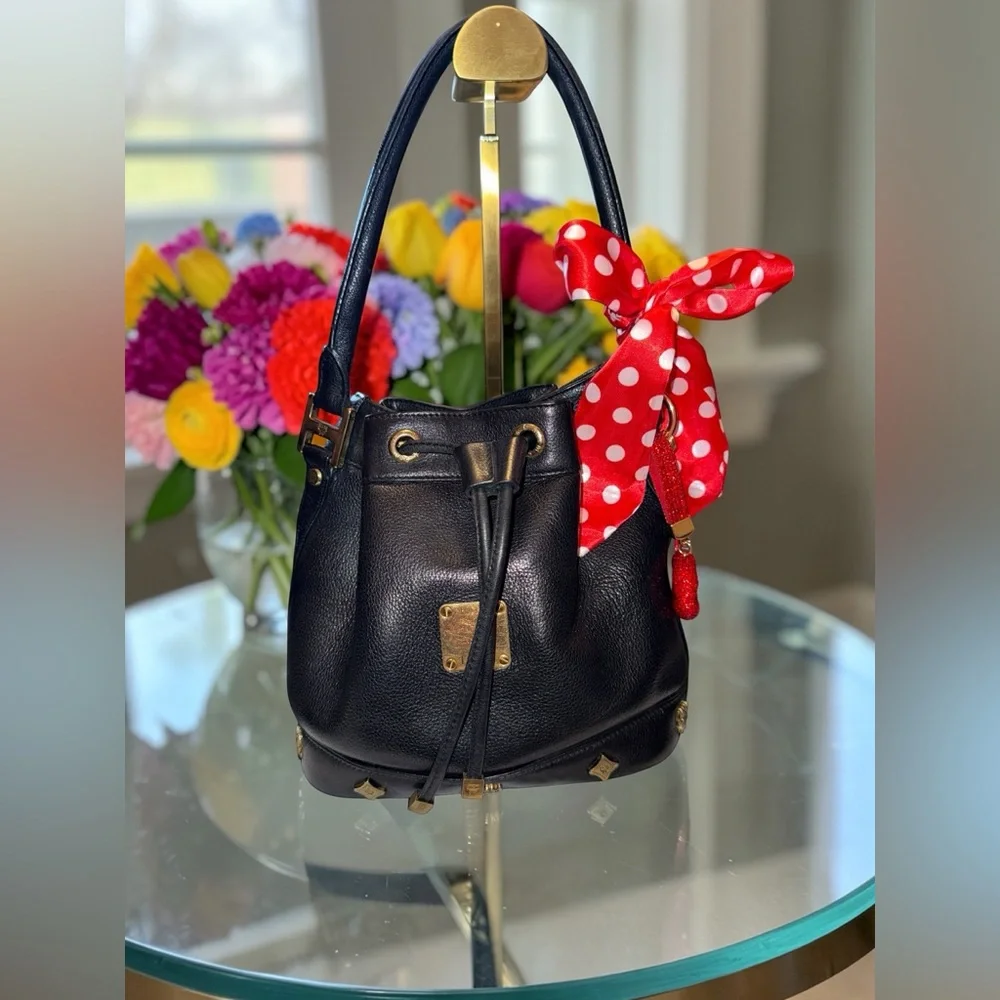4FER MCM EUC Black Leather Drawstring Bucket Bag w/ dust bag, scarf & charm - Picture 1 of 13